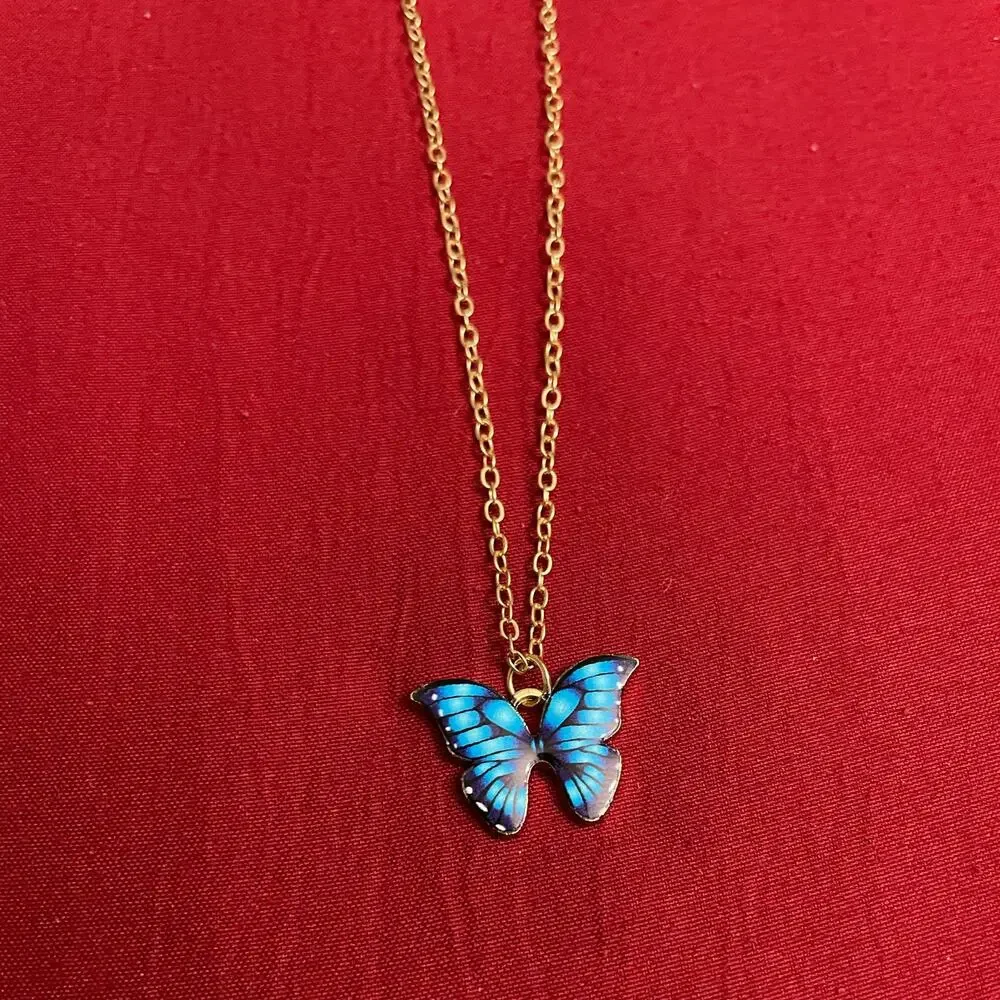 NEW Girls Blue Multi-colored Butterfly Pendant Necklace with Chain